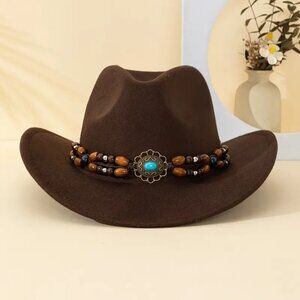Brown Cowboy & Cowgirl Hat – Wide Brim, Turquoise Beads, Retro Western Look‎
